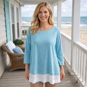 J. Jill Love Linen 100% Linen Sky Blue White Hem Blouse Coastal Breathable M